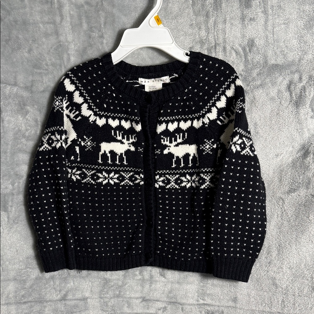 Cardigan sweater girls size 4 fair isle Black and White Moose‎ Pattern Sweater